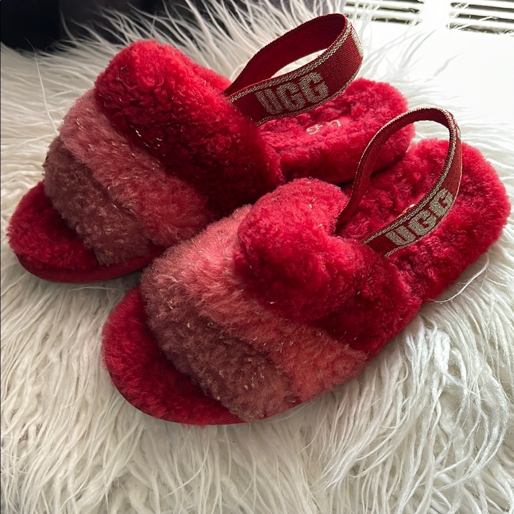 UGG Kids Fluffy Red Slippers